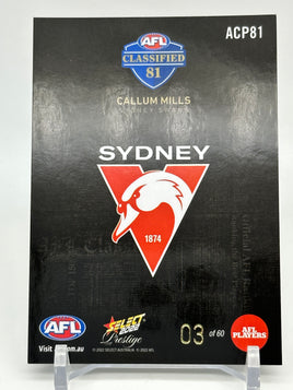 2022 AFL Prestige - Classified - Sydney - Callum Mills 03/60 *LOW*