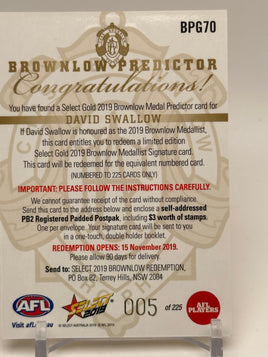 2019 AFL Footy Stars - Brownlow Predictor - Gold Coast - David Swallow 005/225 *LOW*