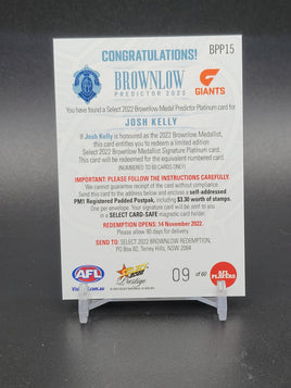 AFL - 2022 Prestige - Platinum Brownlow Predictor - JOSH KELLY (09/60) *LOW*