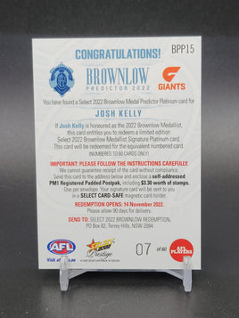 2022 AFL Prestige - Brownlow Predictor - GWS Giants - Josh Kelly 07/60 *LOW*